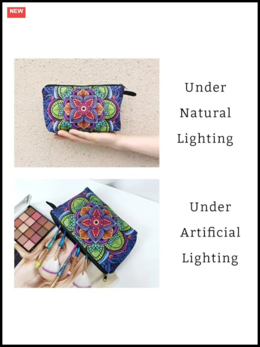 Cosmetic Bag with Mandala Flowers Print, Padded Zipper Pouch Organizer for